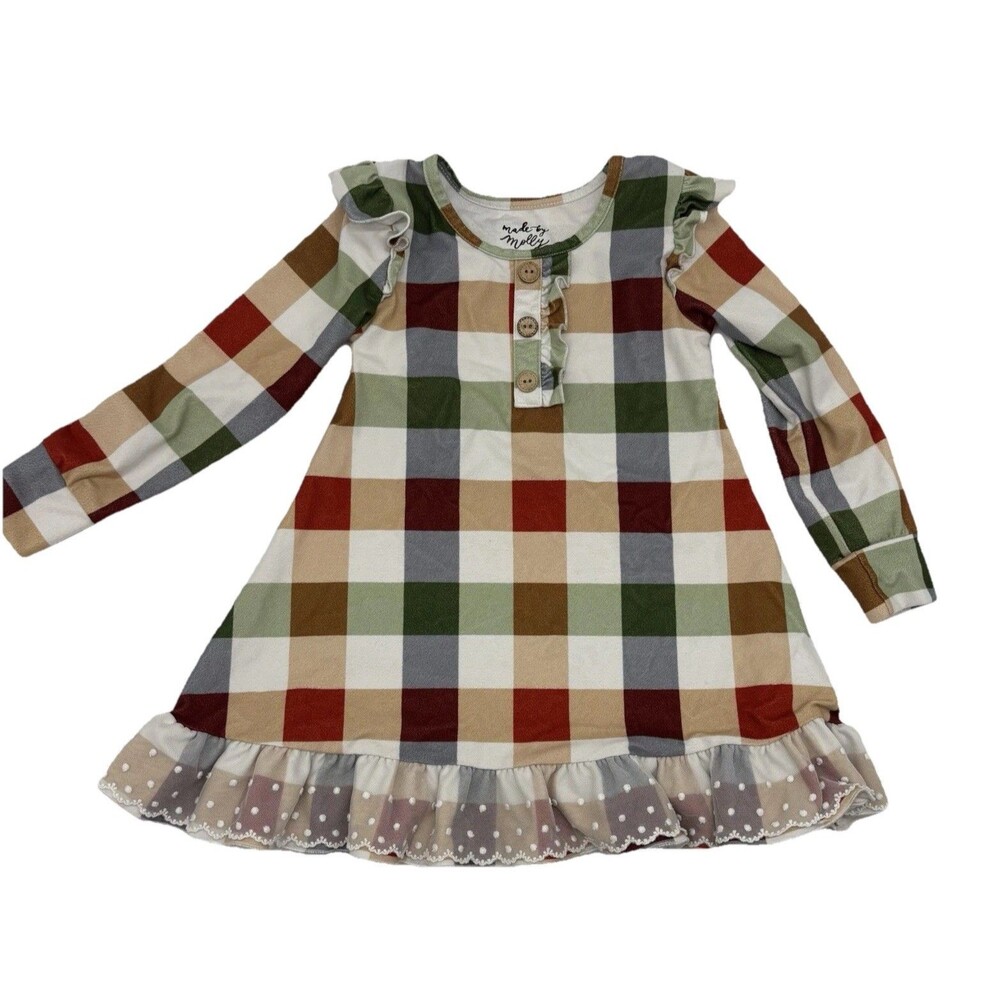 Made by Molly Girls 3T Plaid Cotton Woven A-Line Puff Sleeve Dress Ruffle